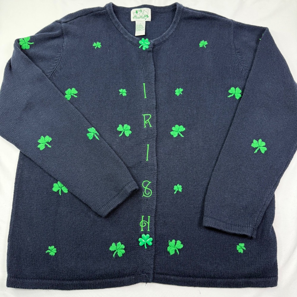 Quacker Factory Irish Shamrock Cardigan Navy Blue St Patricks Day Sweater Large